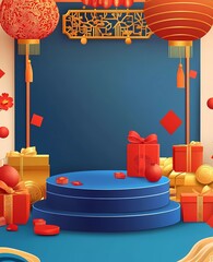 Poster - A blue podium surrounded by red envelopes, gift boxes, and lanterns on the right side of an empty square with gold ingots in the background