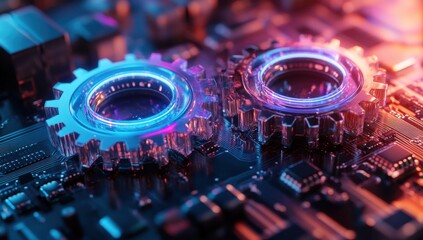 Poster - Futuristic Metallic Gears on a Circuit Board with Vibrant Neon Lights, Representing Technology, Innovation, and Advanced Mechanisms in Digital Environments