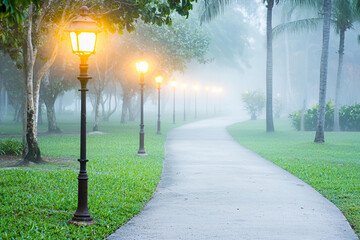 Wall Mural - Fog descends on a park pathway with old lights