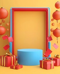 Poster - A blue podium surrounded by red envelopes, gift boxes, and lanterns on the right side of an empty Chinese-style yellow rectangular paper frame with a gradient background. 