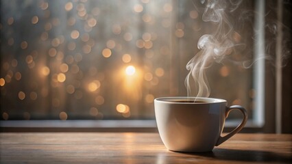 Canvas Print - Warm, comforting beverage in a mug on a wooden surface near a window with a blurred bokeh background