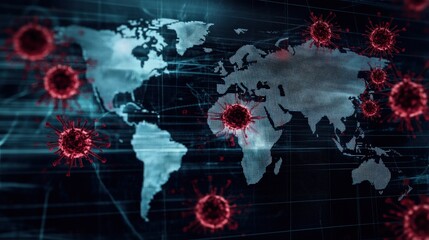 Poster - Global Map Highlighting the Impact of Pandemic with Red Virus Cells Overlaid on Digital Background Representing Health Crisis and Disease Spread