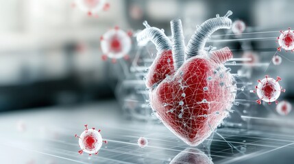 Poster - Digital Representation of Human Heart Surrounded by Virus Particles, Illustrating Health Issues Related to Cardiovascular Disease and Infection Risks