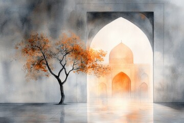Poster - A serene watercolor depiction of a traditional Uzbek courtyard at sunset, with muted tones and soft light enhancing the intricate details of the space
