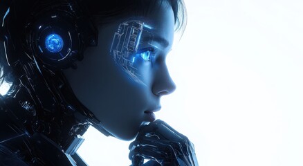 Poster - Futuristic Portrait of a Thoughtful Female Android with Glowing Blue Eyes Featuring High-Tech Circuitry in a Minimalist White Background