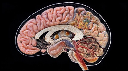 Aufkleber - Detailed Cross-Section of Human Brain Showcasing Various Anatomical Structures and Connections in a Vivid and Educational Representation for Medical Use