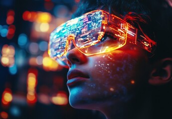 Poster - Futuristic Portrait of a Young Woman Wearing High-Tech Augmented Reality Glasses Against a Vibrant Neon Background Highlighting Digital Innovation and Technology
