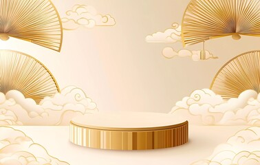 Poster - Chinese-style background, golden fans, and auspicious clouds surrounding the circular podium in front of it, light beige gradient background