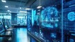 © Sampao - A sleek, futuristic room with AI-powered dashboards displaying advanced threat analysis.
