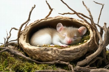 Poster - Tiny mouse peacefully sleeping in a cozy nest made from a hollowed nut, surrounded by moss and branches. Generative AI