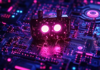 Poster - Futuristic Robot Design with Neon Lights and Circuit Board Background, Showcasing Advanced Technology and Digital Aesthetics in an Abstract Composition
