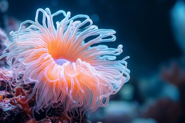 Poster - A single coral polyp glowing under UV light, with its vibrant fluorescence stark against a dark underwater backdrop