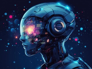 Poster - Futuristic Robotic Head with Cybernetic Features and Colorful Data Visualizations against a Dark Background Representing Artificial Intelligence and Technology