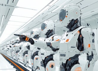 Poster - Futuristic Robots in a Bright, Minimalistic Surrounding Pointing and Interacting in a High-Tech Environment with a Sleek Aesthetic