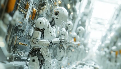 Poster - Futuristic Robots in a High-Tech Environment with Circuit Boards and Advanced Machinery, Showcasing Innovation and Technology in Artificial Intelligence