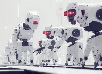 Poster - Futuristic robots in a high-tech factory setting work together efficiently, showcasing advanced technology and the evolution of artificial intelligence in automated environments.
