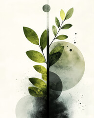 Poster - abstract design featuring green leaves and circular shapes evokes tranquility