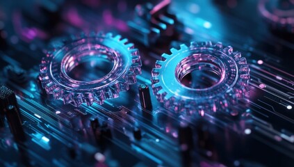 Poster - Futuristic Technology Concept with Glowing Gears and Circuit Board Design Highlighting Innovation and Digital Connectivity in Modern Engineering Applications