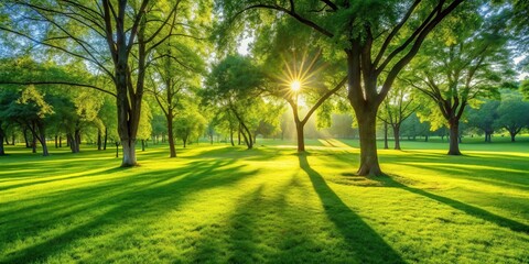 Poster - Serene Sunrise Illuminates Lush Green Meadow with Majestic Trees Casting Long Shadows