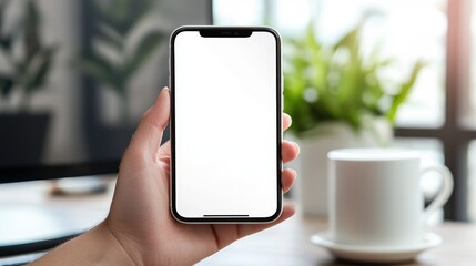 Poster - Minimalist desk setup with a hand holding a blank phone screen, a desktop monitor, and a coffee cup.