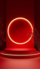 Poster - Red background, red podium, geometric shapes, golden elements, minimalist style, 3D rendering, 3D scene, product display platform, circular light and shadow effects