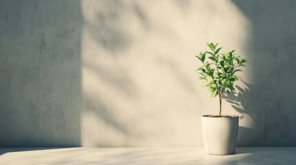 Wall Mural - Small potted plant in sunlight against a textured wall.