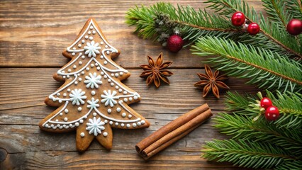 Poster - A Festive Christmas Tree-Shaped Gingerbread Cookie with Spices and Evergreen Branches on Rustic Wooden Surface