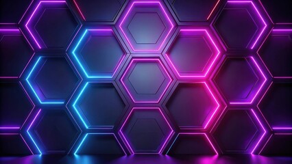 Poster - Abstract Hexagonal Pattern with Neon Lights Illuminated Wall