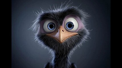 Wall Mural - Cute cartoon emu chick with big blue eyes, fluffy grey feathers, and curious expression.