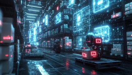Poster - Futuristic Warehouse with Advanced Robotics and Holographic Interfaces Displaying Data in a Highly Organized High-Tech Environment