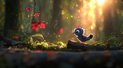 Wall Mural - Cute cartoon bird on log in autumn forest at sunrise.