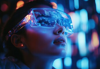 Poster - Futuristic Woman with High-Tech Glasses Observing Digital Data in a Cyberpunk Environment with Neon Lights and a Detailed Focus on Augmented Reality Experience