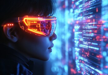 Poster - futuristic young person in high-tech glasses gazes at neon digital displays, representing innovation