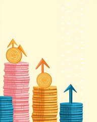 Poster - Illustration flat art pastel cartoon of business, Colorful Cartoon Illustration of Growing Coins and Arrows