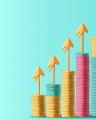 Poster - Illustration flat art pastel cartoon of business, Colorful Growth Chart with Arrows and Coins Illustration
