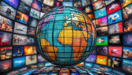 Poster - Glowing Earth Globe Surrounded by Colorful Digital Screens Representing Global Connectivity and Technology in a Modern Media Landscape