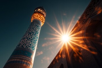 A vibrant digital illustration of the Kalta Minor Minaret in Khiva, with its rich turquoise tiles glowing vividly under a bright sun