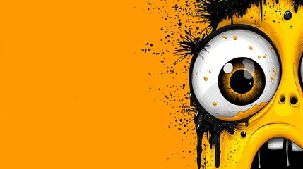 Wall Mural - Close-up of a cartoon monster's eye with dripping paint and splatters on an orange background.