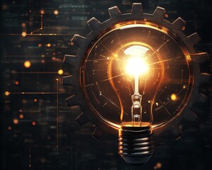 Aufkleber - Digital illustration of a gear encasing a bright light bulb, representing creative ideas, innovation, and solutions in a futuristic concept art style