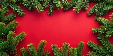 Poster - Red backdrop with evergreen boughs forming a festive frame