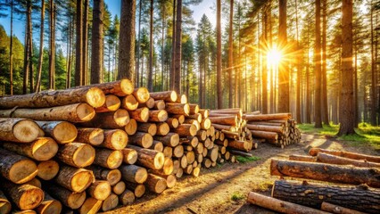 Poster - Golden Hour in a Pine Forest  Stacks of Harvested Logs Bask in the Setting Sun's Rays