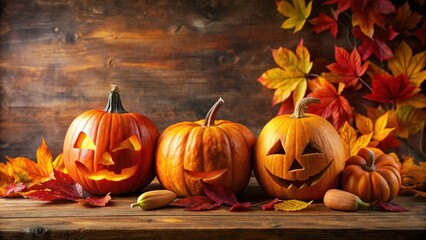 Poster - Autumnal Jack-o'-lanterns and Fall Leaves on Rustic Wood