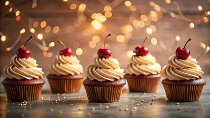 Poster - Delicious Chocolate Cupcakes Topped with Creamy Frosting and Cherries, Festive Holiday Treat