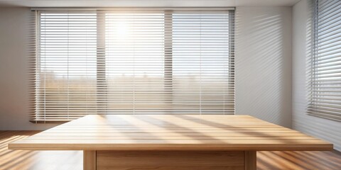 Poster - Sunlight streams through window blinds onto a light wood table
