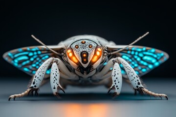 Poster - An isolated insect glowing brightly under UV light, with its wings displaying intricate fluorescent patterns