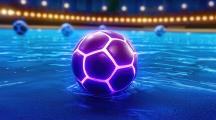 Poster - Vibrant soccer ball floating in pool sports event nighttime aquatic environment artistic perspective