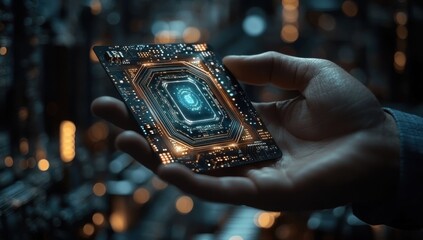 Aufkleber - Hand Holding a High-Tech Microchip in a Futuristic Digital Environment with Circuitry and Glowing Elements, Symbolizing Innovation and Technology Advancement