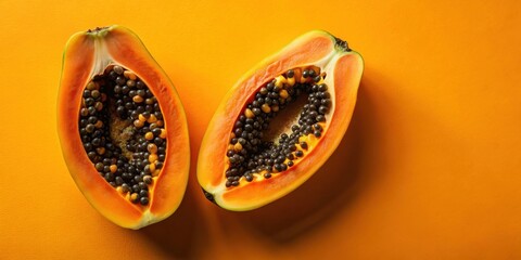Poster - Two halves of a ripe papaya fruit showcasing vibrant orange flesh and dark seeds against a bright yellow background.