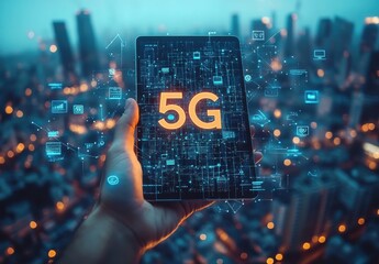 Poster - Hand Holding Tablet Displaying 5G Signal Amidst Urban Background with Blurred Cityscape and Digital Connection Symbols Representing Modern Technology Communication
