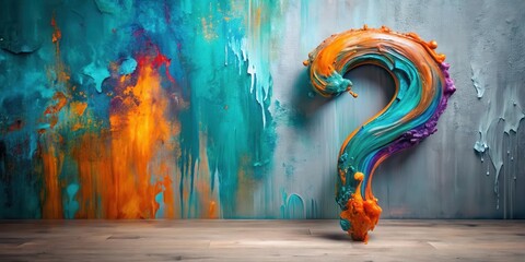 Poster - Abstract swirling paint question mark on wooden surface